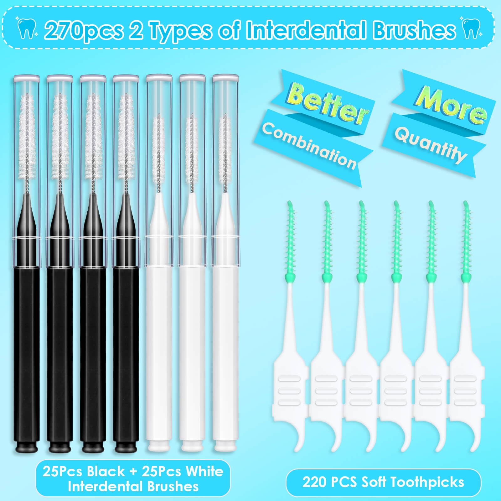 Jupwalz 270 cepillos interdentales, 220 púas dentales suaves y 50 cepillos de tirantes para dientes, cabezales de hilo dental flexibles, cepillos interdentales entre dientes, limpiador de dientes