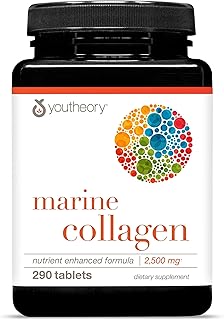 Youtheory Marine Collagen Tablets - 2,500 mg Fish-Sourced Collagen Peptides- with Vitamins A, C, E, B6 & B12 - Supports Joint & Nail Health* - Highly Absorbable - 290 Tablets (58-Day Supply)