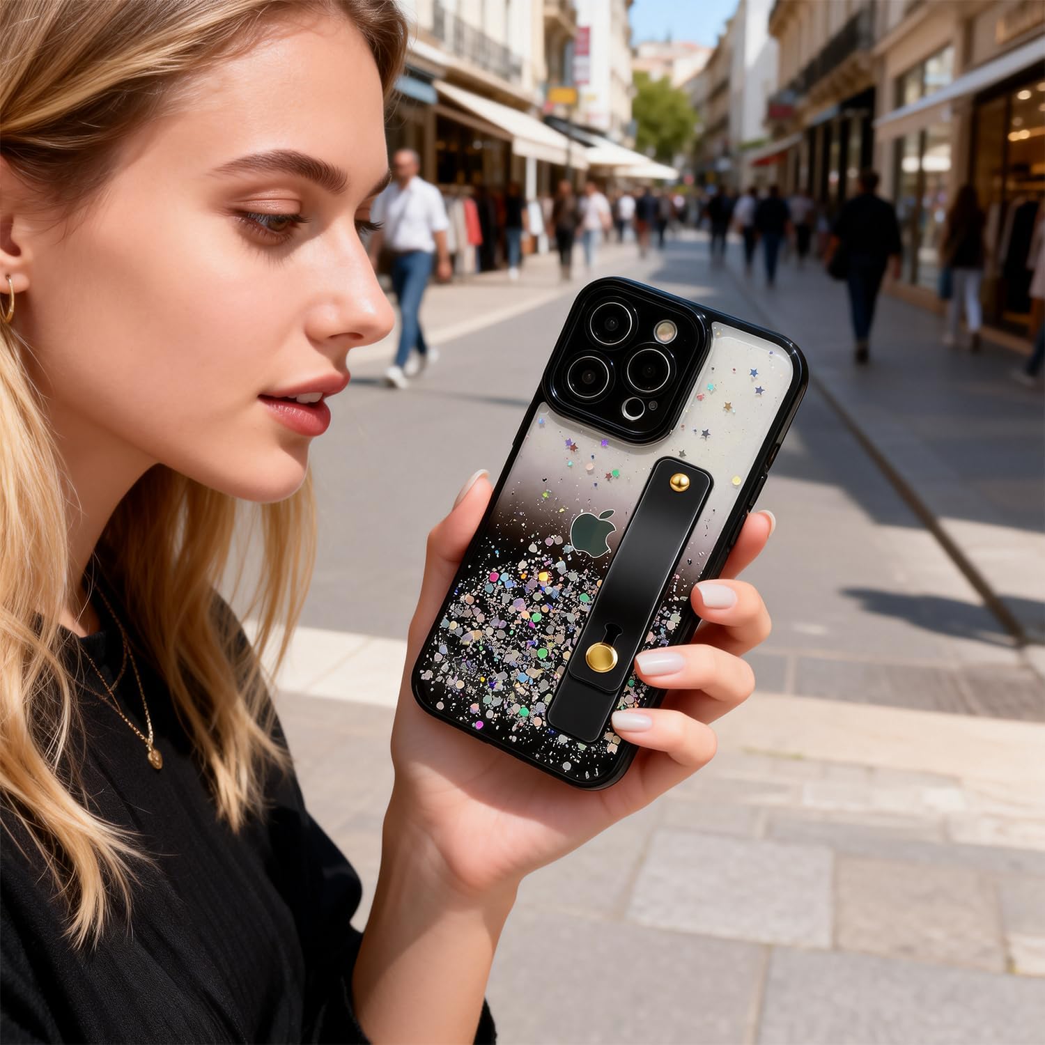 siduater Strap Case for 6.7" iPhone 15 Pro Max with Wristband Kickstand, Bling Glitter Sparkle Clear Cover Soft TPU Bumper Adjustable Hand Grip Loop for iPhone 15 Pro Max 6.7 Inch, Black - Image 5