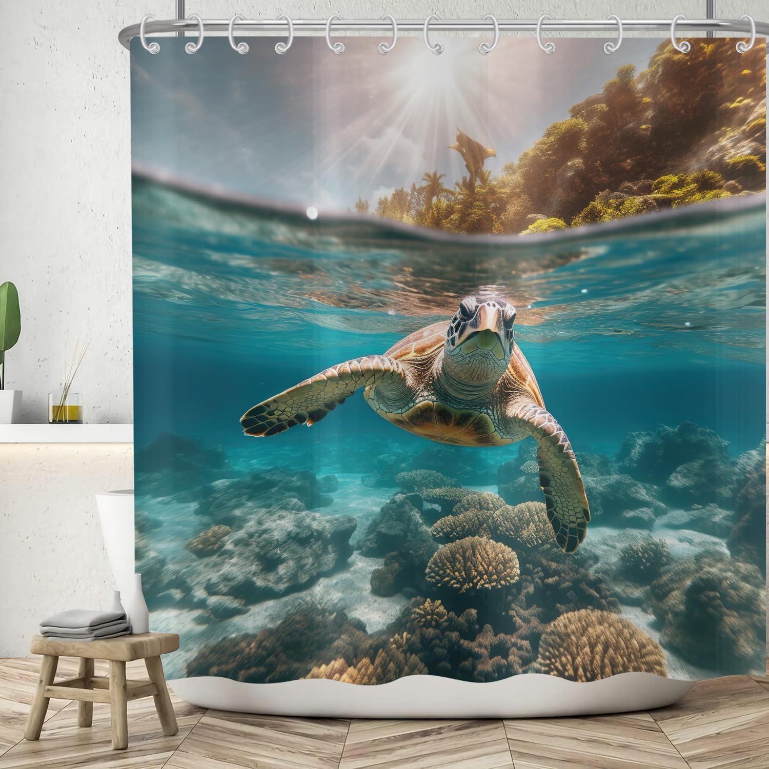 ASDCXZ Cortina de Ducha de Fondo Marino 180x200 cm, Océano Azul Criaturas Marinas Tortuga Nadando Sol Cortinas de Ducha Lavables Tela de Cortina Ducha de baño Impermeable con 12 Ganchos