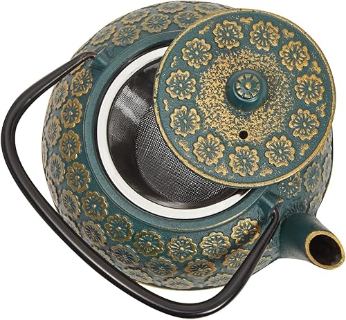 Miniatura 8 de Juvale Tetera de hierro fundido floral verde con infusor de hojas sueltas de acero inoxidable (34 onzas)