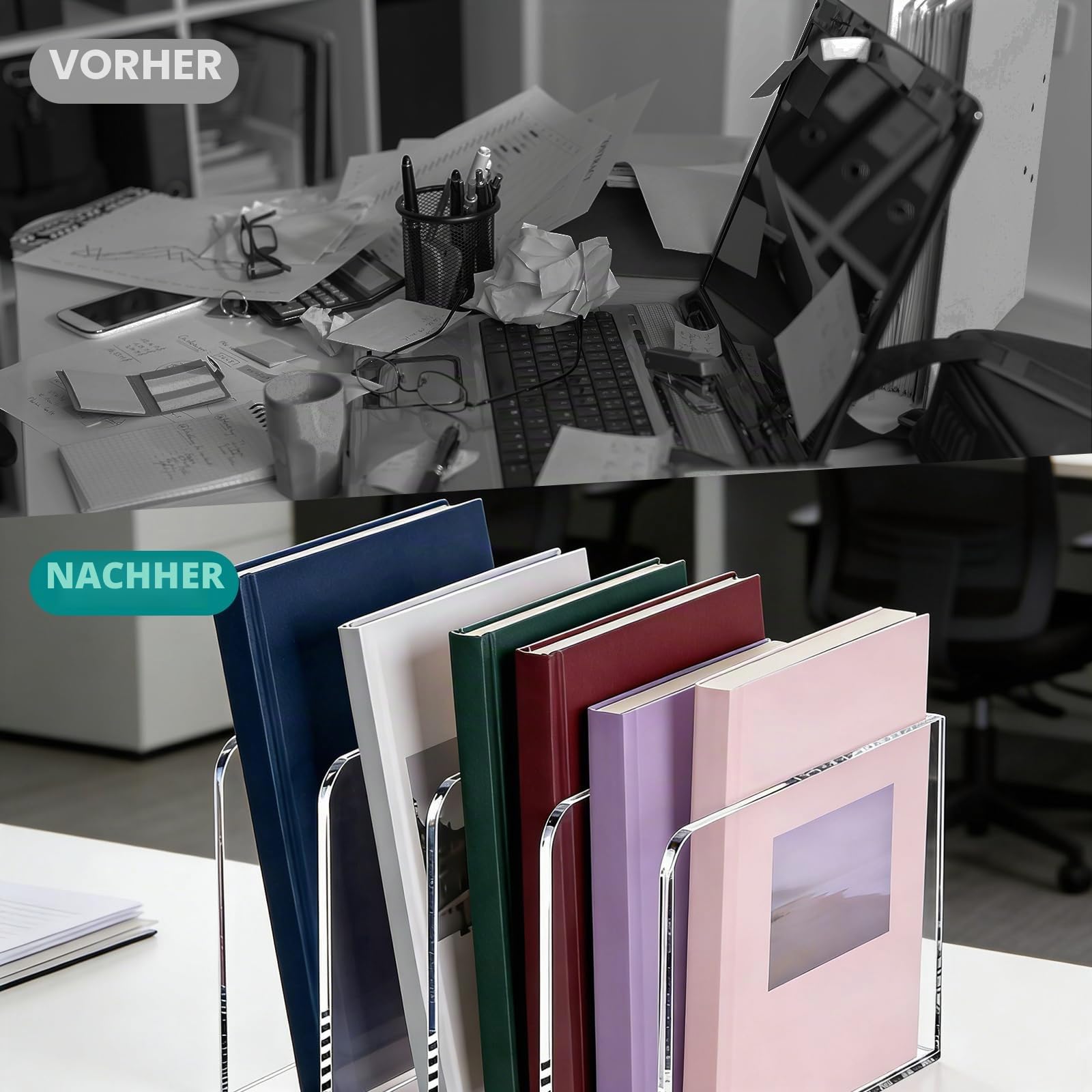 Acryl Zeitschriftensammler, Transparenter Stehsammler Zeitschriftenständer mit 4 Fächer Magazinhalter für Schreibtisch Post Dokumenten Buch Organizer (21 x 18,5 x 16 cm)