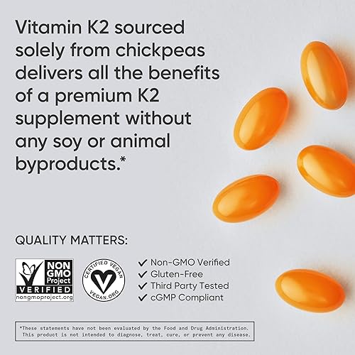 Miniatura 4 de Sports Research Vitamina K2 MK7 de 180 mcg con aceite de coco, 60 cápsulas blandas vegetarianas, certificado vegano, verificado sin OMG y sin gluten