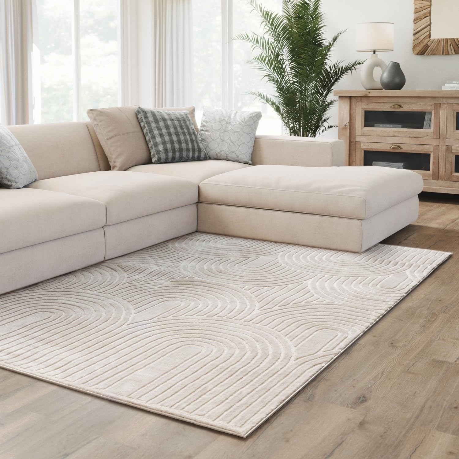 Interiyou Tapis Salon à Poils Courts Cannes - 140x200 Crème - Motif bohème scandinave avec Effet 3D - Plat et géométrique - Poil Ras pour Chambre, Couloir, Bureau