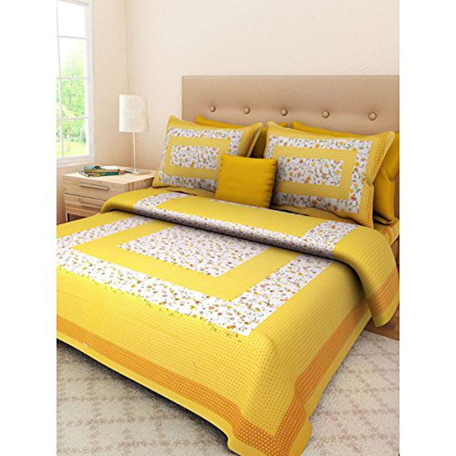 Meepo Bed Sheets for Double Bed Cotton Queen Size with 2 Pillow Covers - Size of Bed Sheet 7.65 ft x 6.9 ft- Floral Yellow