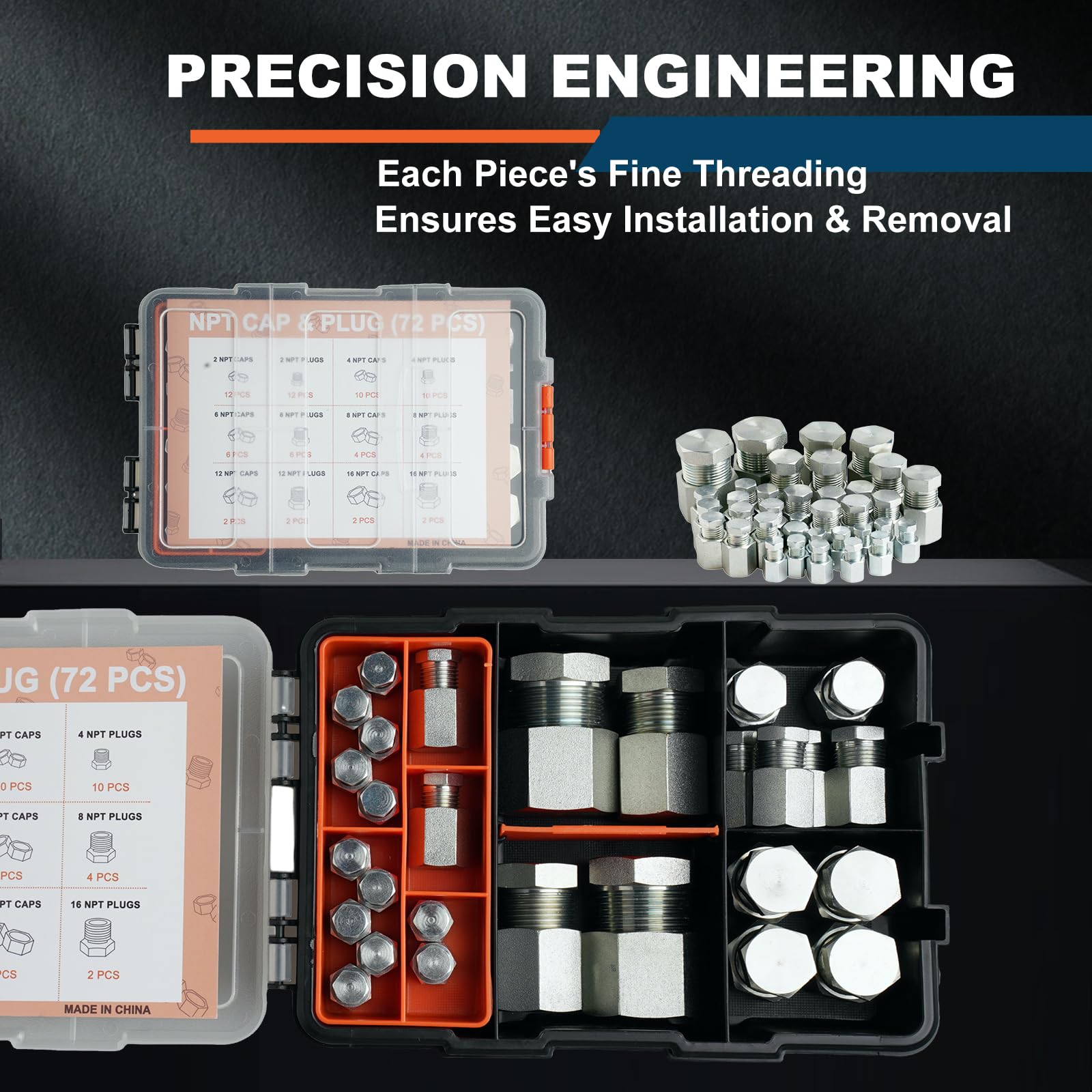 Kit de tapas y conectores para mangueras hidráulicas de 72 piezas, kit surtido de tapas NPT, kit adaptador de sello resistente con roscas de precisión, juego de accesorios abocardados de acero, tama