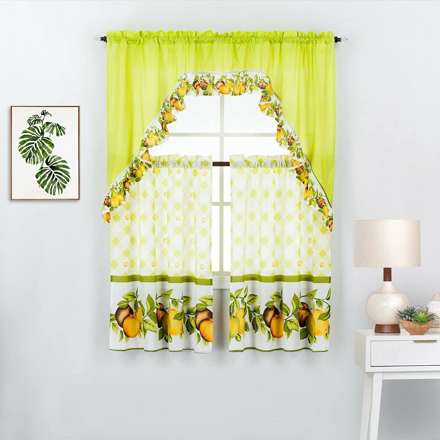 3 Piece Printed Kitchen Window Curtain Panel Tiers and Swag Valance Set (36