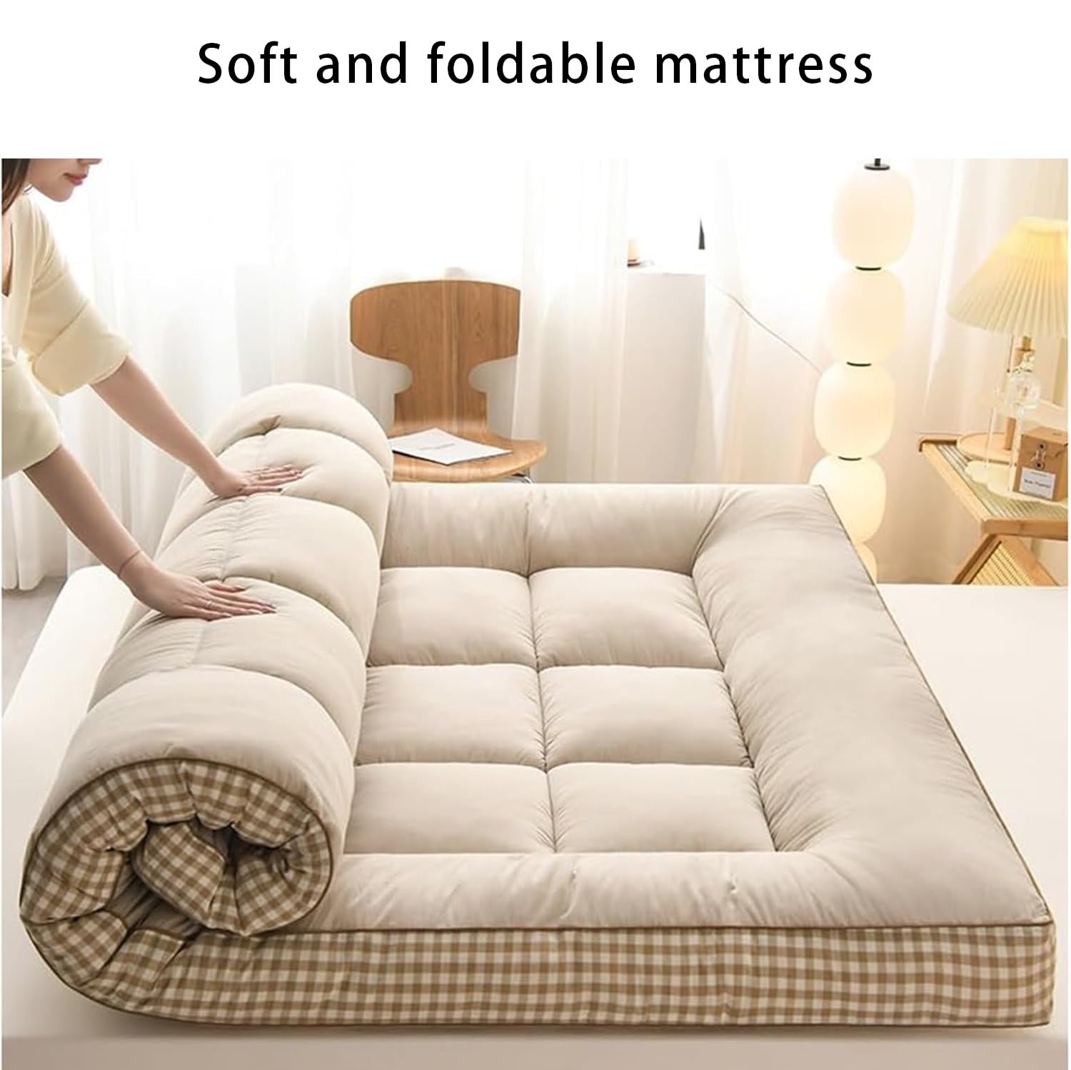 Extra dicke japanische Futon-Matratze, faltbares Bodenbett für Camping, Matte, traditionelle Isomatte, blau, 180 x 200 cm, bequeme und tragbare Bodenmatratze