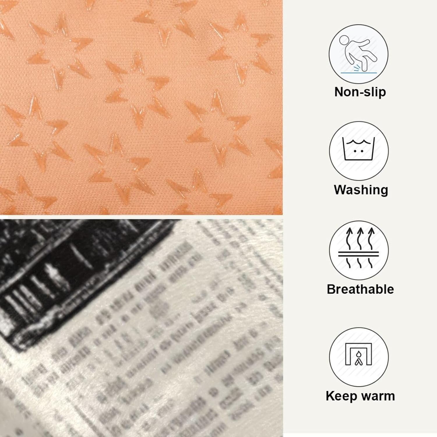 Image showing care icons for non-slip, washing, breathable, and keep warm features.