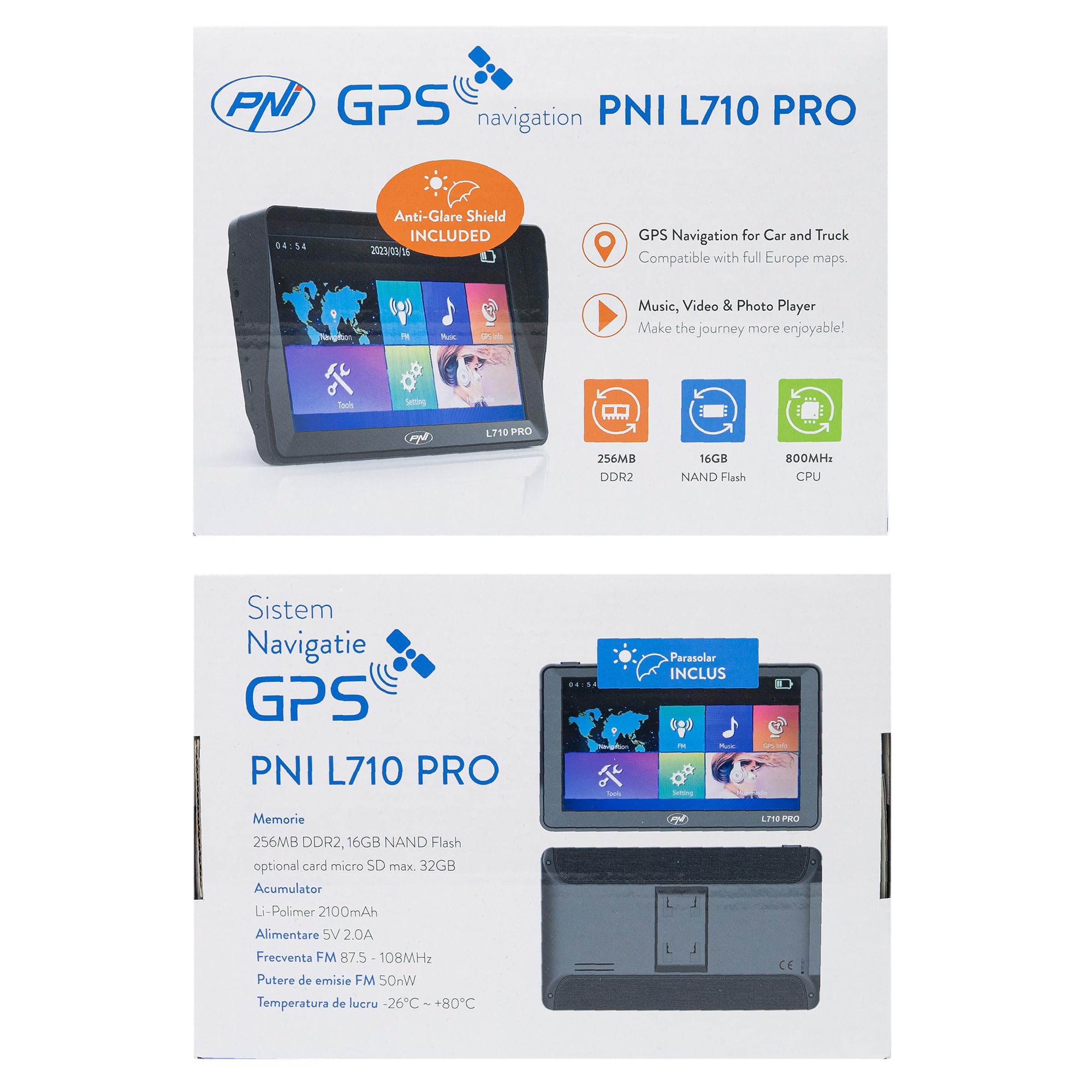 Sistema di navigazione GPS PNI L710 PRO con visiera parasole, 7 pollici, 800 MHz, 256 MB DDR, memoria interna da 16 GB, trasmettitore FM, con due caricatori per auto inclusi