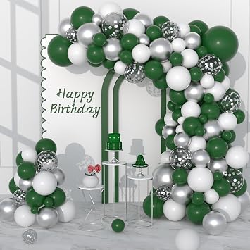 Dark Green White Silver Balloon Garland Arch Kit, 122PCS White Dark Green Metallic Silver Confetti Balloons for Wild Animal First Birthday Jungle Football Video Gamer Green Wonderland Decorations...
