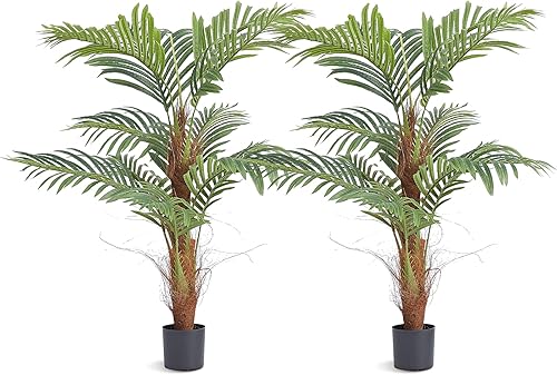 Miniatura 4 de VEVOR Palmera artificial, planta sintética de 4 pies de alto con 10 hojas artificiales y tierra para macetas cubierta de musgo, árbol falso verde