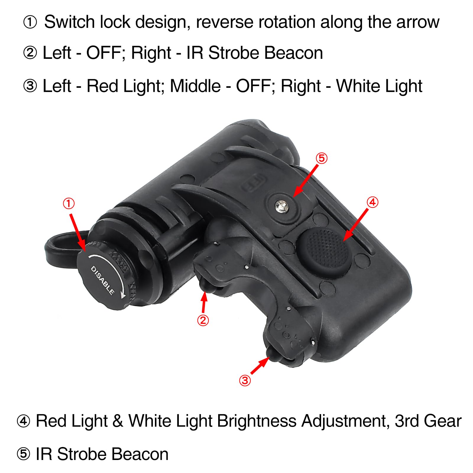 Taktisches Helmlicht Militär mit Rotlicht + Weiße Aufgabenlampe + IR Stroboskop Beacon, 5 LED Perlen Airsoft Survival Signal Licht mit Helmlichthalterung für ARC/MICH Helm/Führungsschiene/Hut