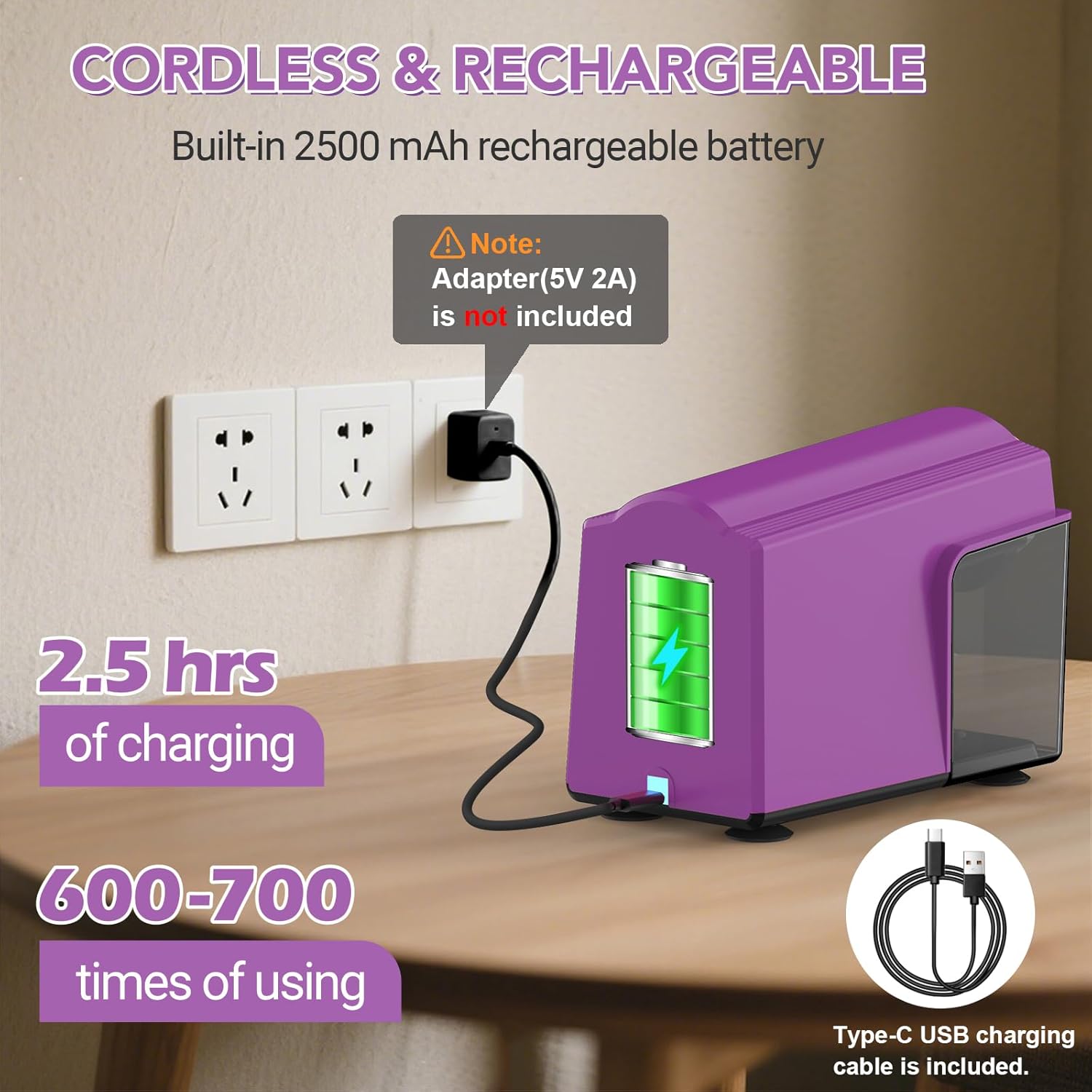 AFMAT Electric Pencil Sharpener for Classroom, 6 Holes, Cordless & Rechargeable, Super Fast, Auto Stop, 10K+ Uses, Heavy Duty Pencil Sharpener for 6-11mm No.2/Large/Colored Pencils PSD4(Purple)