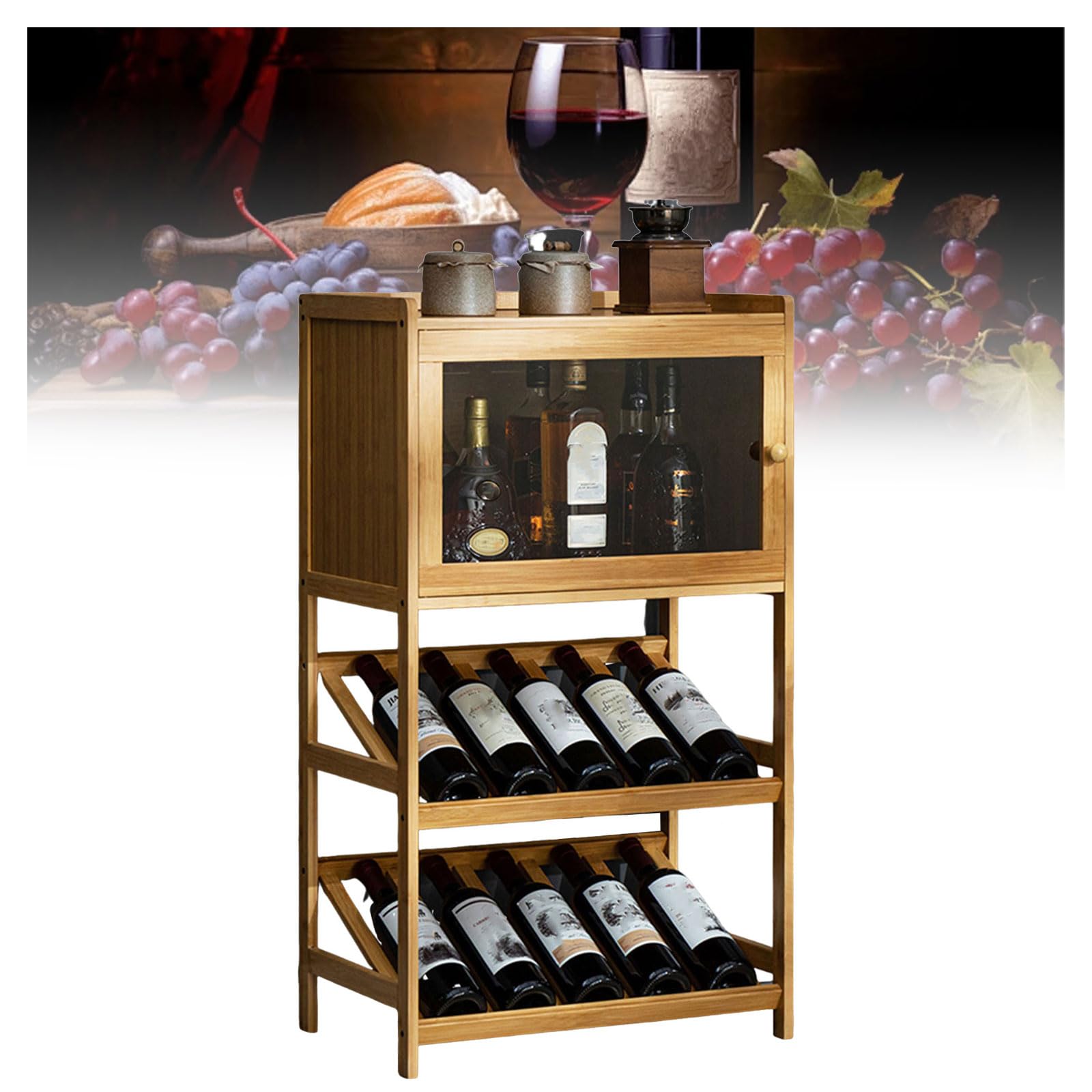 Cantinetta Vino, portabottiglie Vino da Terra per 15-20 Bottiglie, Mobile da Bar, Cantinetta Bottiglie, Armadio da Pranzo in Acrilico bambù per Cucina, Sala da Pranzo