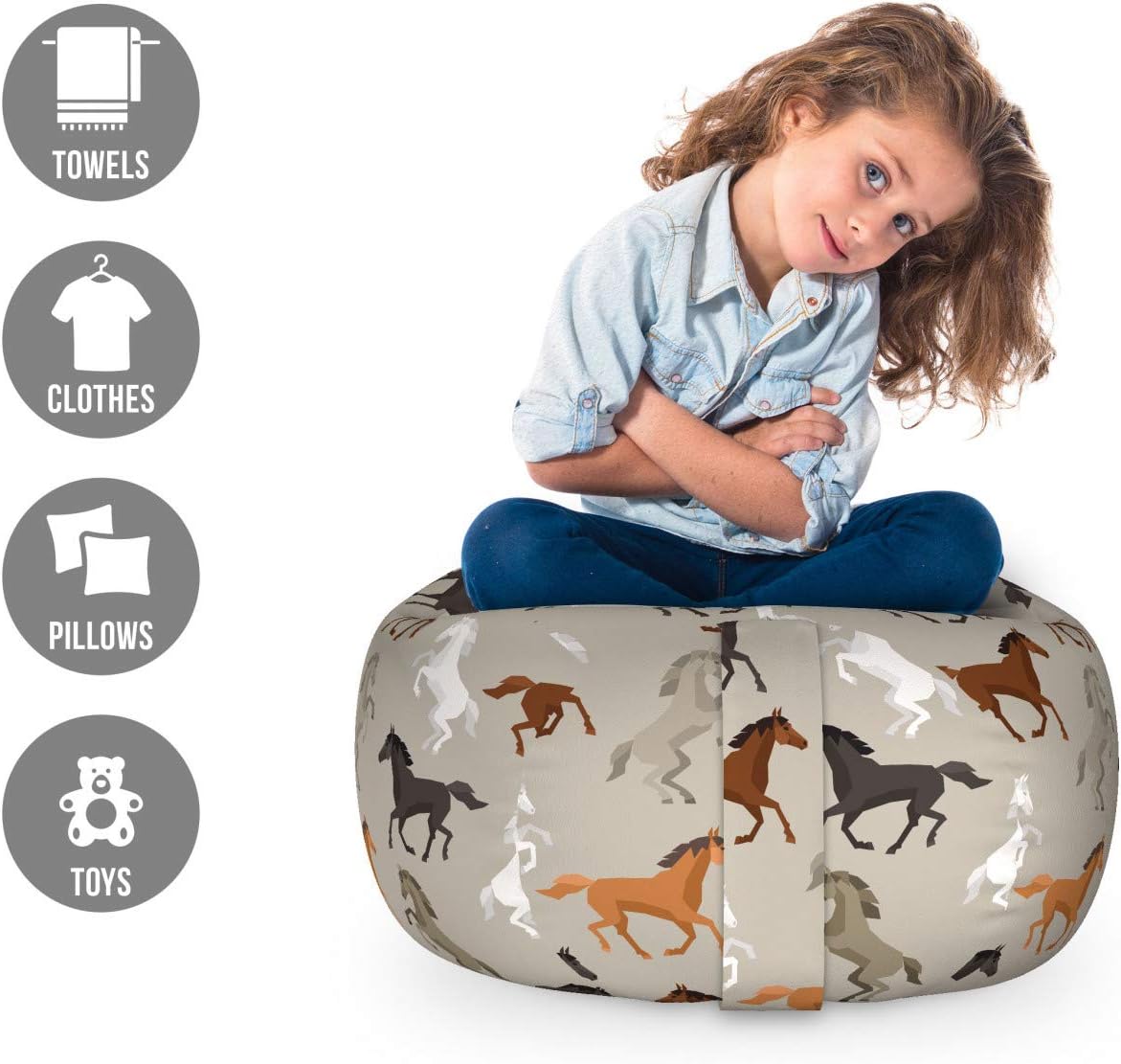 Ambesonne Horses Storage Toy Bag Chair, Abstract Stallions Simple Design Animals Galloping Curvet Illustration, Stuffed Animal Organizer Washable Bag, Small Size, Taupe Black