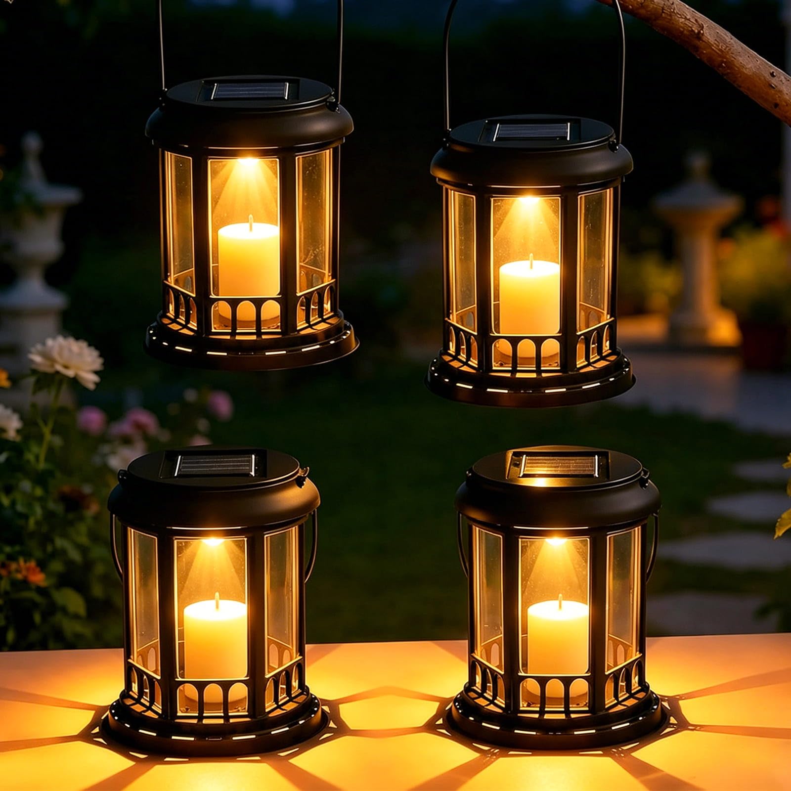 Yowin Lanterne da Esterno 4 Pezzi Grande Lanterna Solare da Giardino con Candele, Lampada Solari da Appendere Impermeabile Lampade da Tavolo per Arredo Terrazzo Balconi Decorazioni - Nero