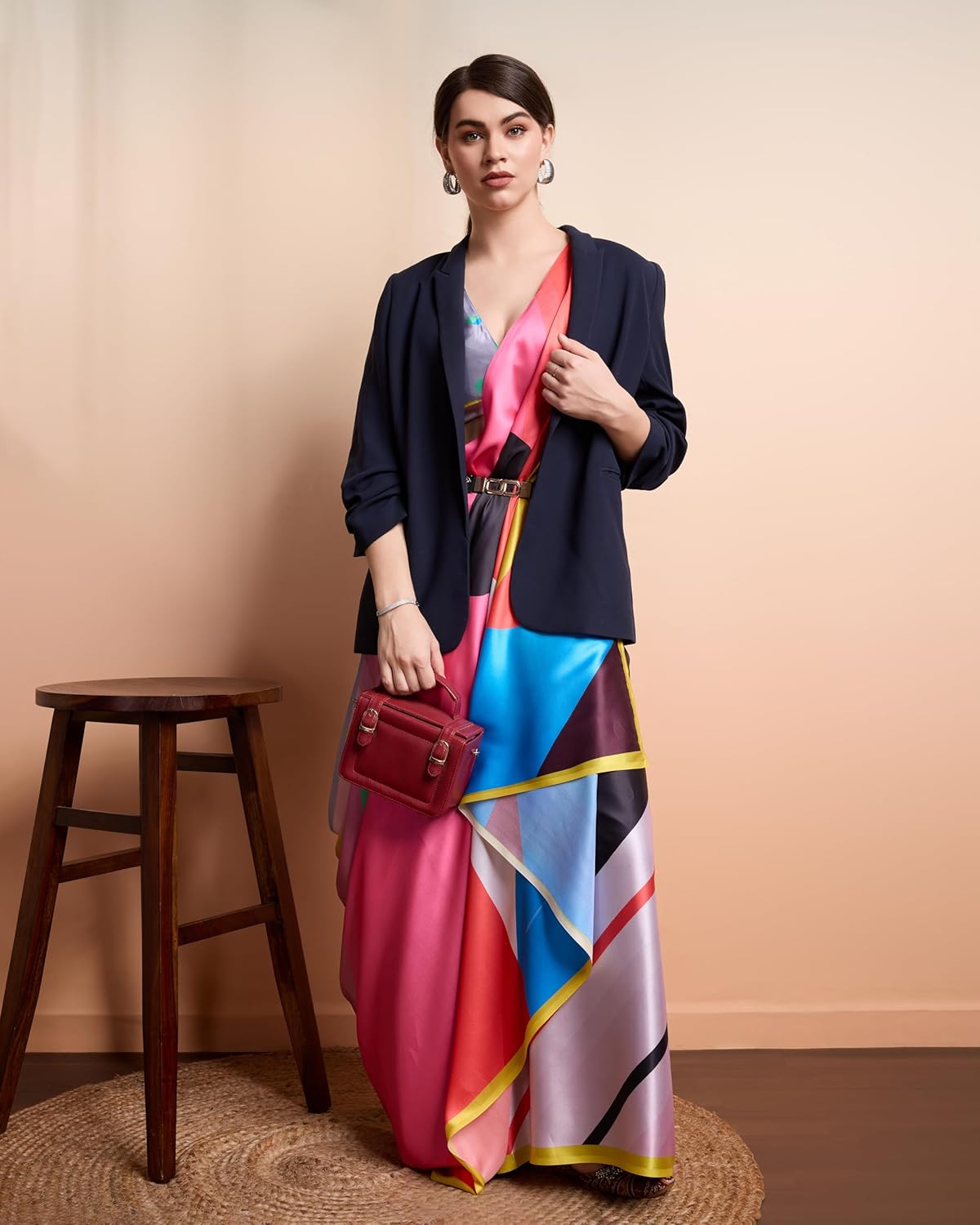 Digital Striped Prints Satin Silk Ready To Wear Saree