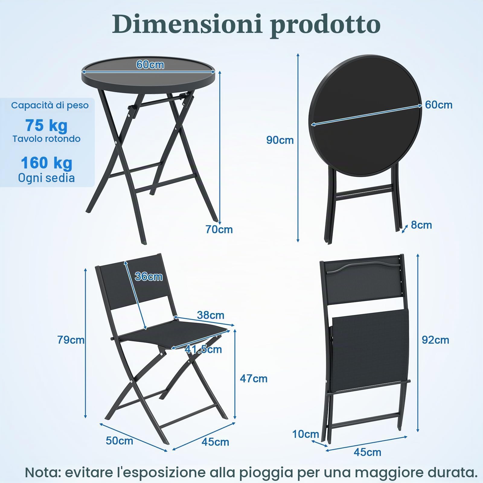 GIANTEX Set da Bistrot Pieghevole 3 Pezzi, 1 Tavolo e 2 Sedie Salvaspazio, Mobili da Esterno in Resistente Materiale, Ideale per Balcone, Terrazza e Giardino