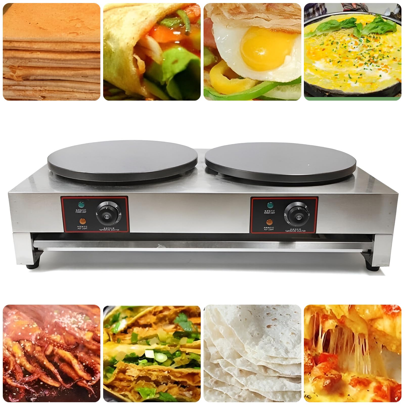 Plancha para hacer crepes, máquina para hacer panqueques de 15,7 "comercial Singel/doble cabezal eléctrico para hacer crepes, máquina para hornear panqueques, viene con herramienta aplicadora DE-2