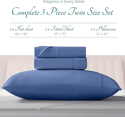 Miniatura 3 de Carressa Linen Juego de sábanas de algodón egipcio de lujo, 800 hilos, 3 piezas, color azul marino para cama de tamaño individual, sábanas