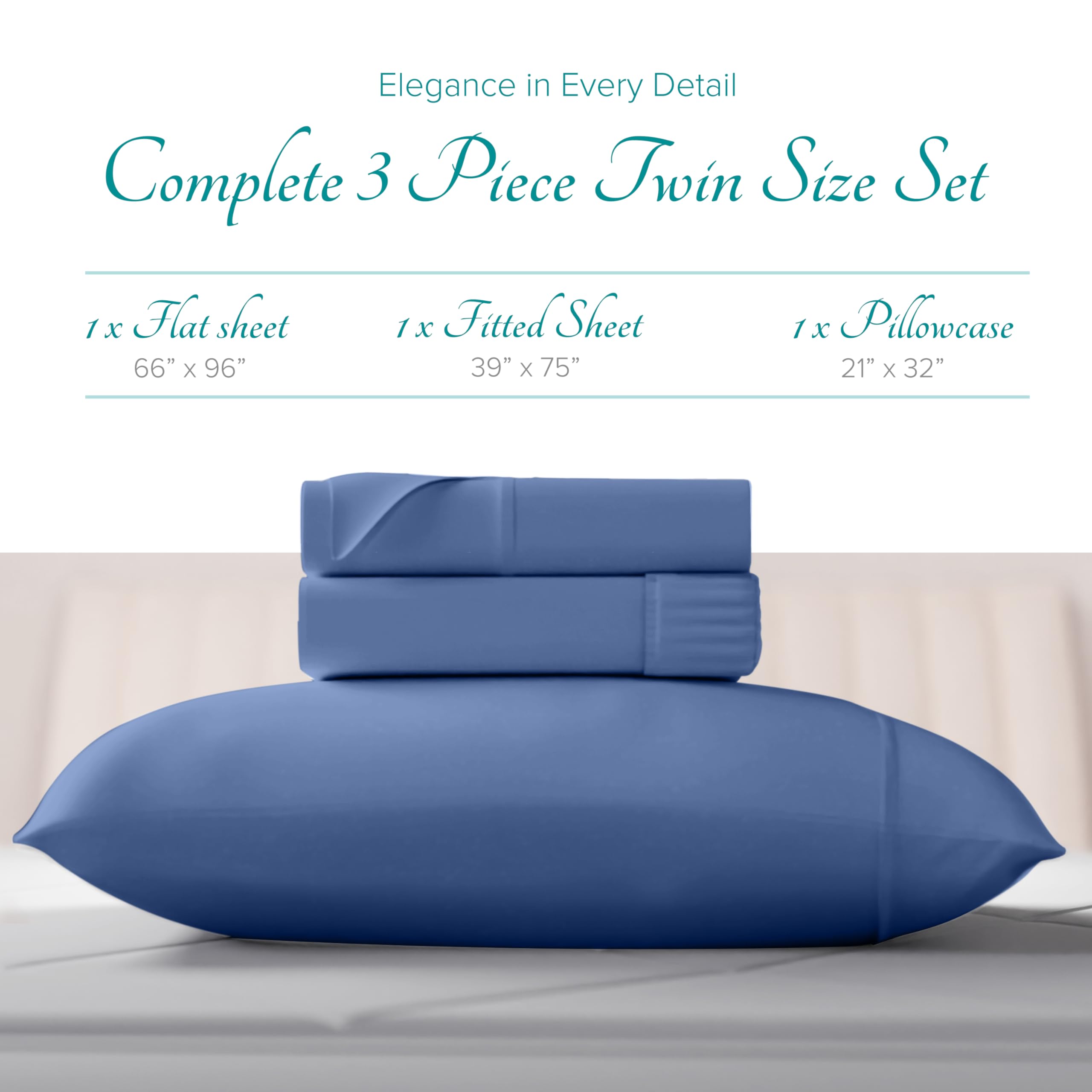 Carressa Linen 100% langstapelige, weiche ägyptische Baumwolle, 4-teiliges Set, Doppelbettlaken, bis zu 17" tiefe Tasche, glattes und weiches Satingewebe, luxuriöse Bettwäsche, tief ep Blue