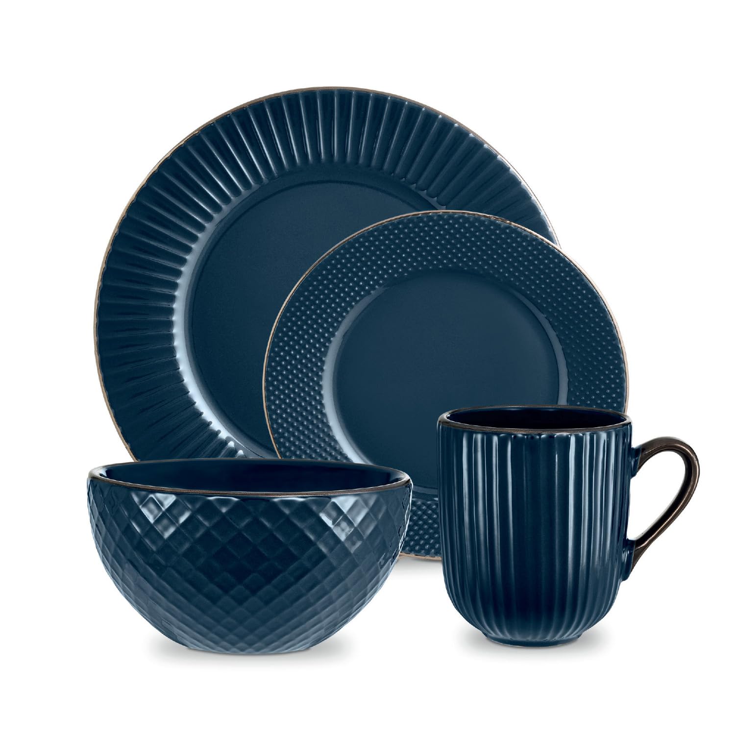 Tower T867002MNB Empire 16 Piece Dinnerware Set, Stoneware, Midnight Blue & Brass