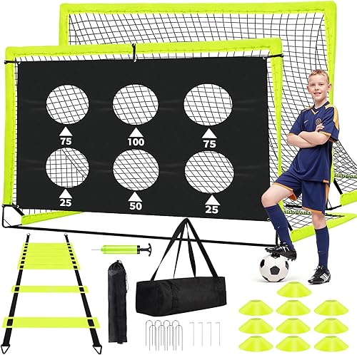 Kids Soccer Goals for Backyard Set of 2-6x4 ft Portable Pop Up Soccer Nets Training Equipment with Soccer Ball, Ladder, Cones, Ideal Birthday for