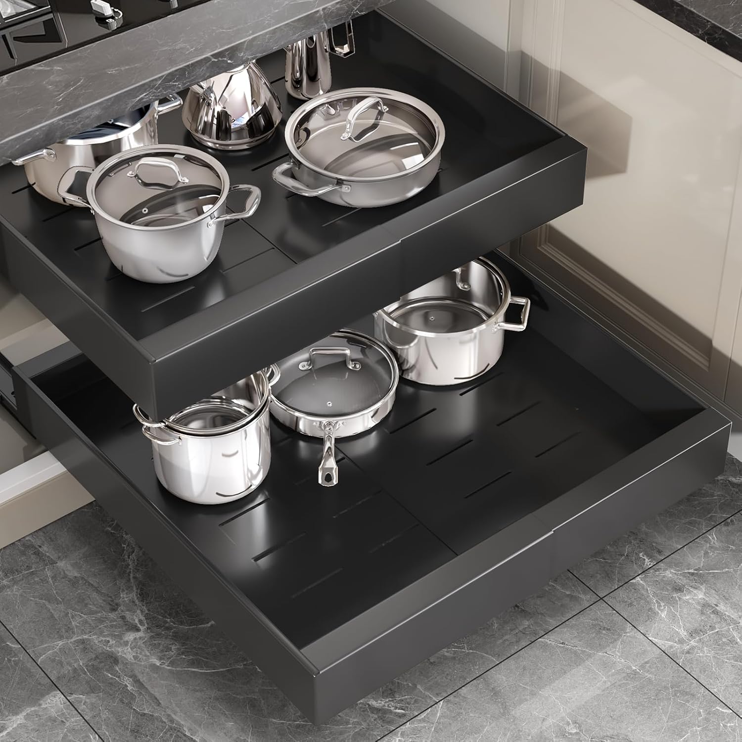 2 Pack Pull Out Cabinet Organizer 22" Deep With Raising Pad for Framed Cabinets,Full Extension 3 Slide Rails,Expandable Width (12.3"-20.5") Slide Out Drawers,No Drill Roll Out Shelves,Black Black 22"D x 12.3"-20.5"W(2Pack)