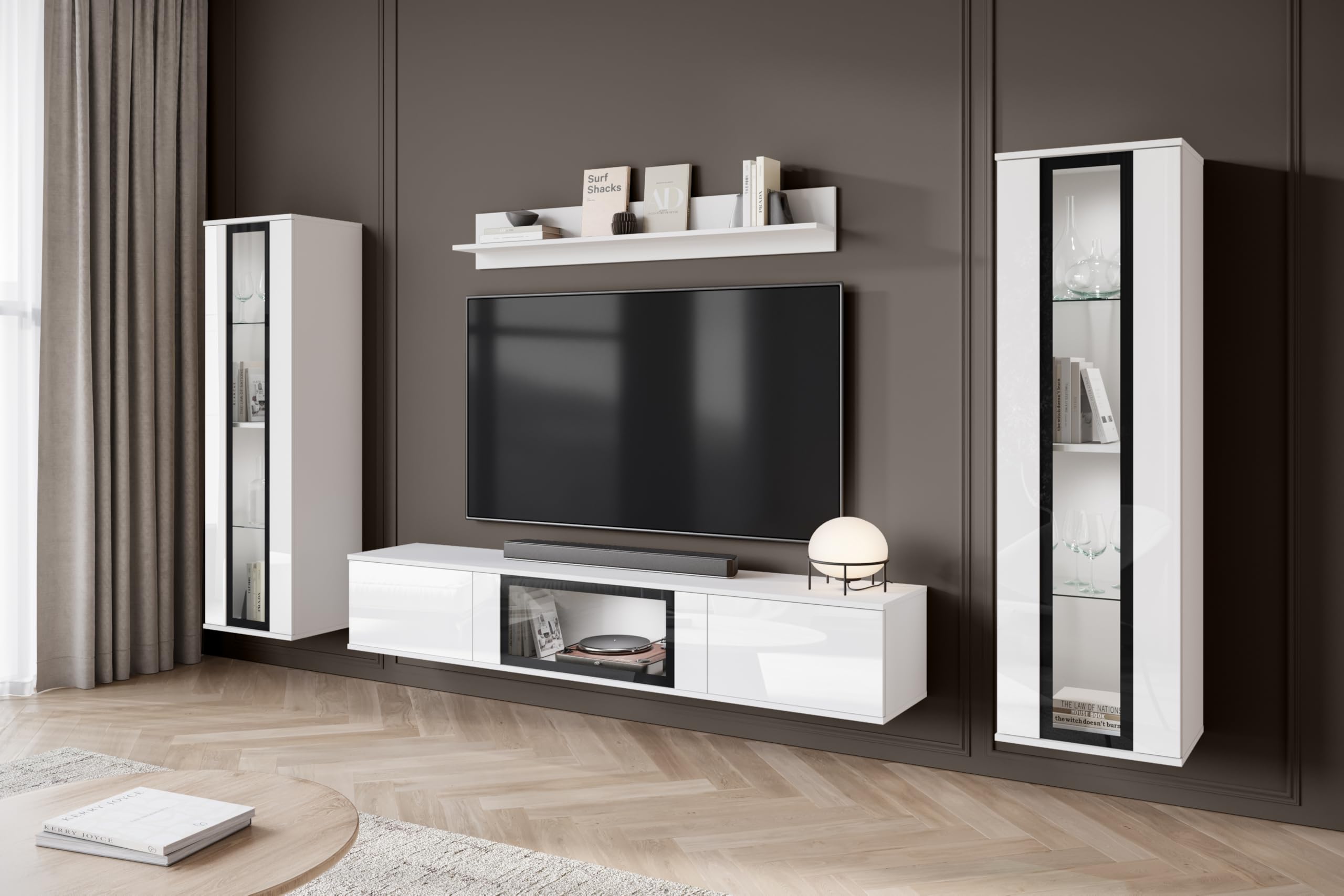 MINIO go for it - Ensemble de Meubles de Salon FARO 4 pièces avec LED | Armoire haute, vitrine, meuble bas avec porte en verre, étagère murale, panneau stratifié, blanc mat / blanc brillant