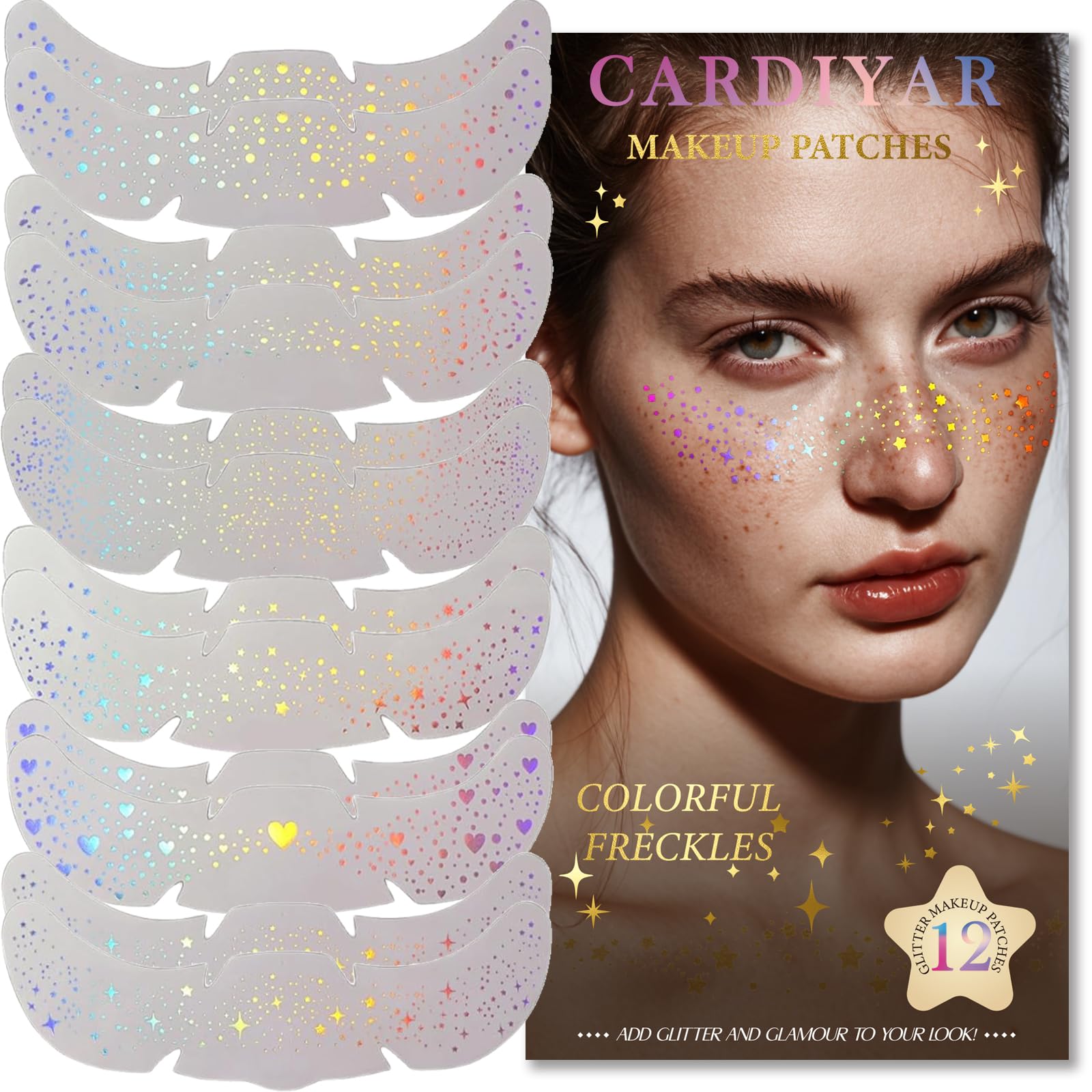 Glitter Freckles, 24PCS Glitter Freckles Face Tattoo, Sparkle Freckles for Women, Waterproof Gold Temporary Face Tattoos Glitter Glow Up Patches Makeup Patches Mardi Gras Festival (Holographic 12pcs)
