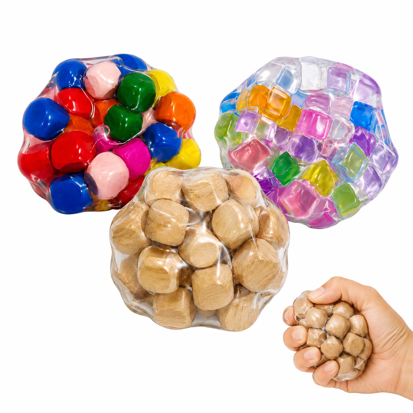 3 PCS Crunchy Squishy, Squishy Crunchy Hand Balls, Portable Office Hand Relax Accessory for Adult Workers, Hand Grip Balls Filled with Wooden Blocks and Colourful Cube Decorations for Daily Office Use