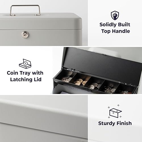 Miniatura 2 de Volcora Caja de Efectivo Grande con Cerradura de Llave, Caja de Dinero de Metal para Efectivo, Caja Fuerte Portátil con Cerradura y Bandeja de