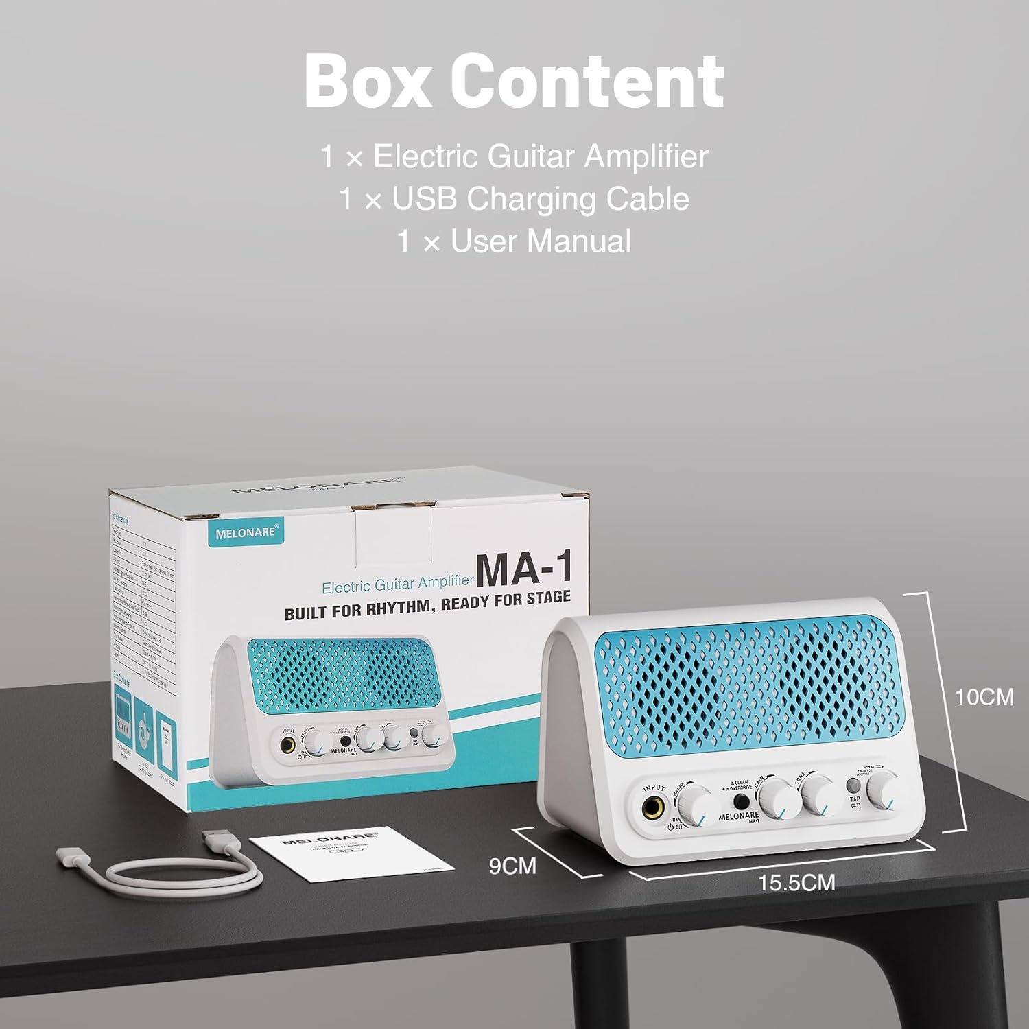 MELONARE MA-1 Mini Guitar Amp with included accessories: USB charging cable and user manual.