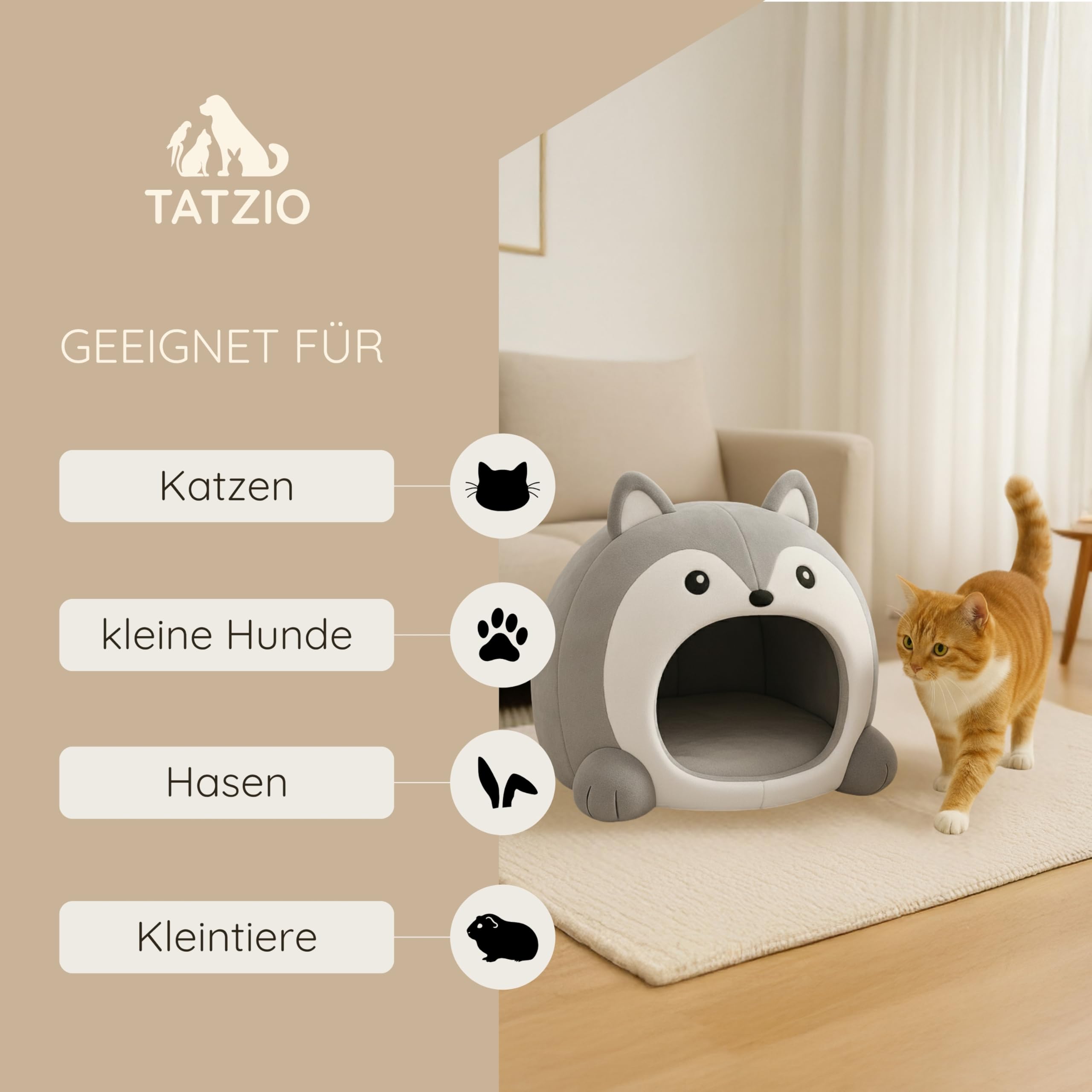 Designer Katzenhöhle grau – Lustige Schlafhöhle & Katzenhaus mit Kissen, Katzenbett, Faltbarer Rückzugsort für Katzen, Kitten und Kater, kuschelig & formstabil