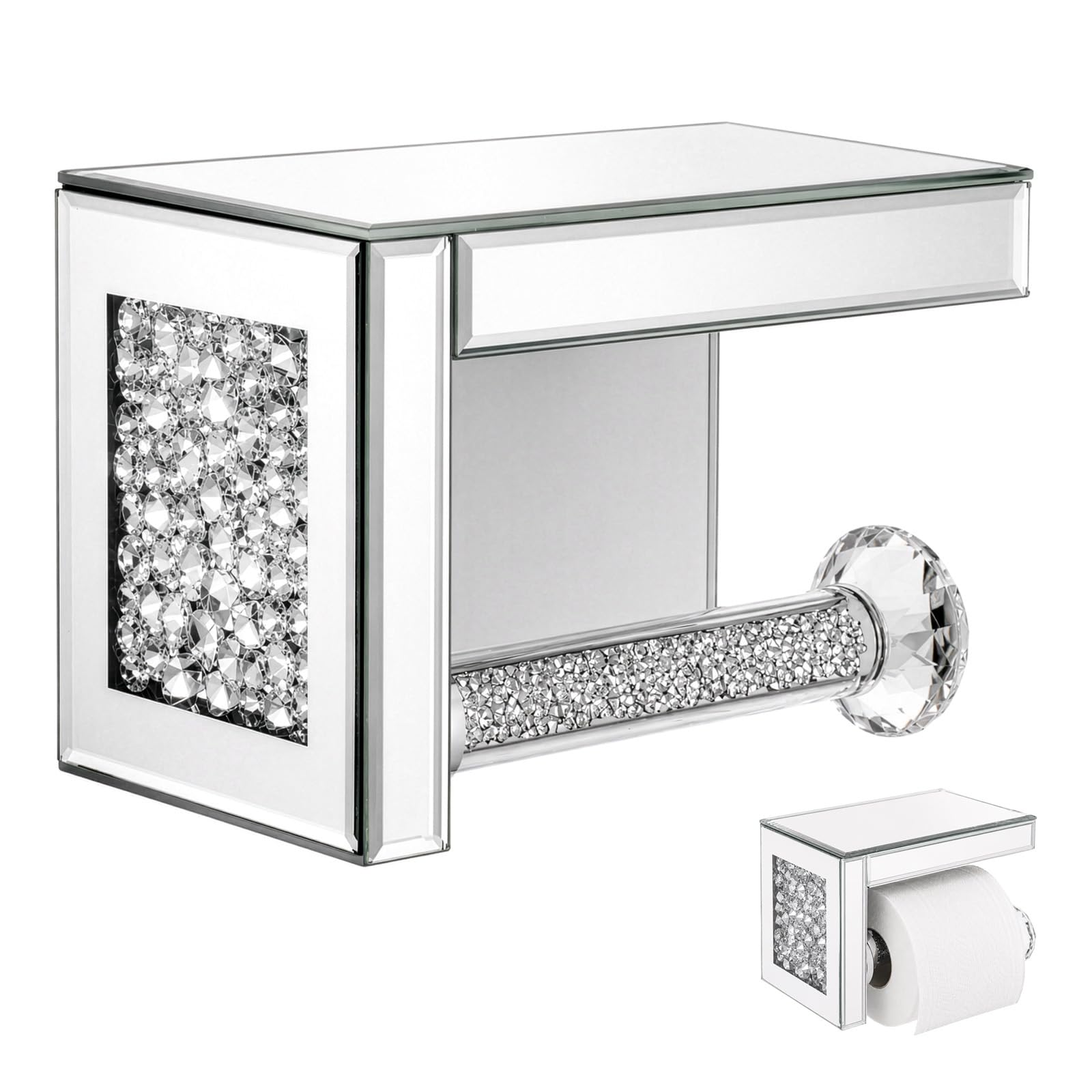 Crystal Crush Toilet Roll Holder, Wall Mounted Silver Tissue Holder with Mirrored Shelf for Bathroom