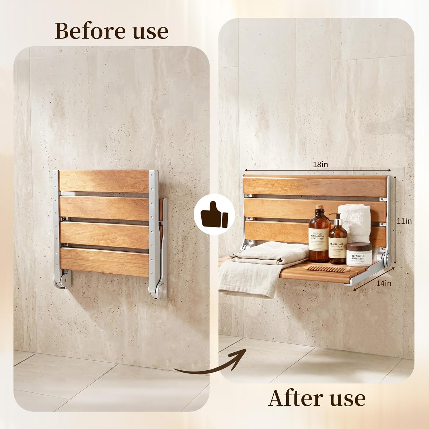 18" Wall Mount Shower Seat, Shower Bench Wall Mount for Inside Shower, Fold Down Shower Seat, Shower Seats for Adults