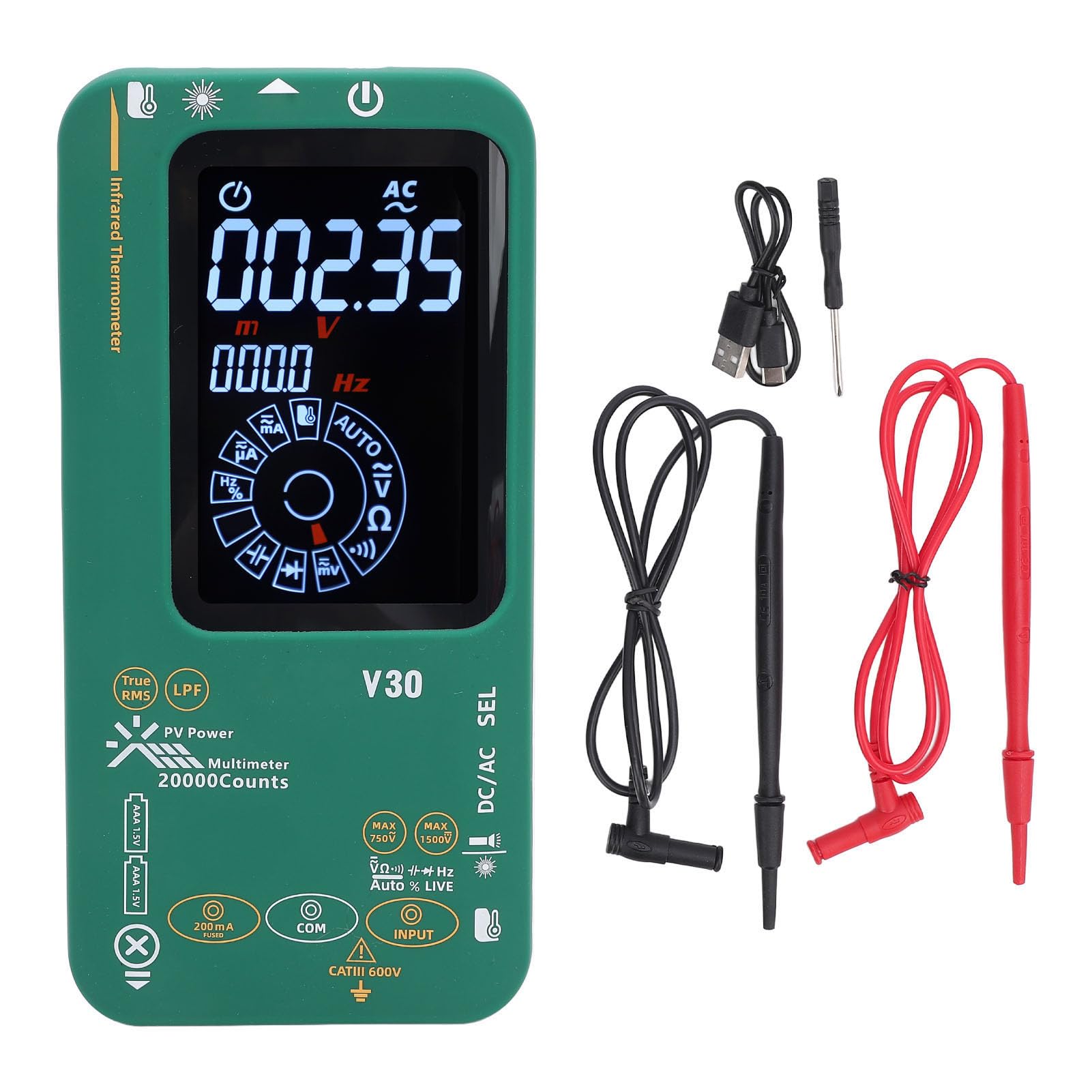 PV Multimetro a infrarossi 20000 conteggi Schermo a colori ad alta precisione 0,1uA 10uV 1500V Multimetro portatile con funzione di misurazione della temperatura