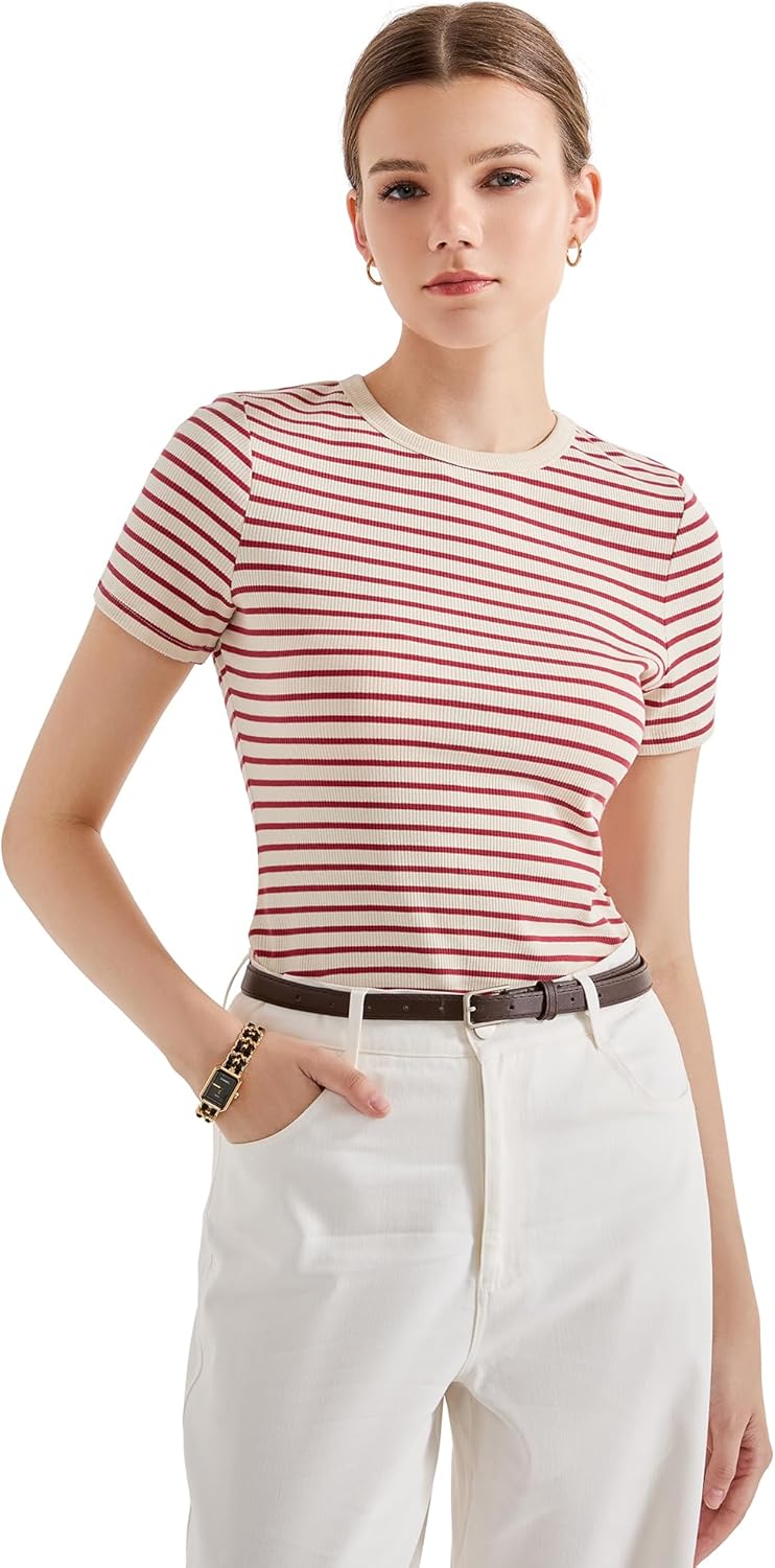 (Size S) SUUKSESS Women Ribbed Striped Short Sleeve Slim Fit Tops Summer Crew Neck Color Block Going Out T Shirt Red Stripe Small