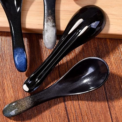 Miniatura 7 de Juego de 4 cucharas de sopa asiáticas de cerámica, cucharadas chinas y japonesas, cucharas de arroz de porcelana para Ramen Pho Miso y Wonton