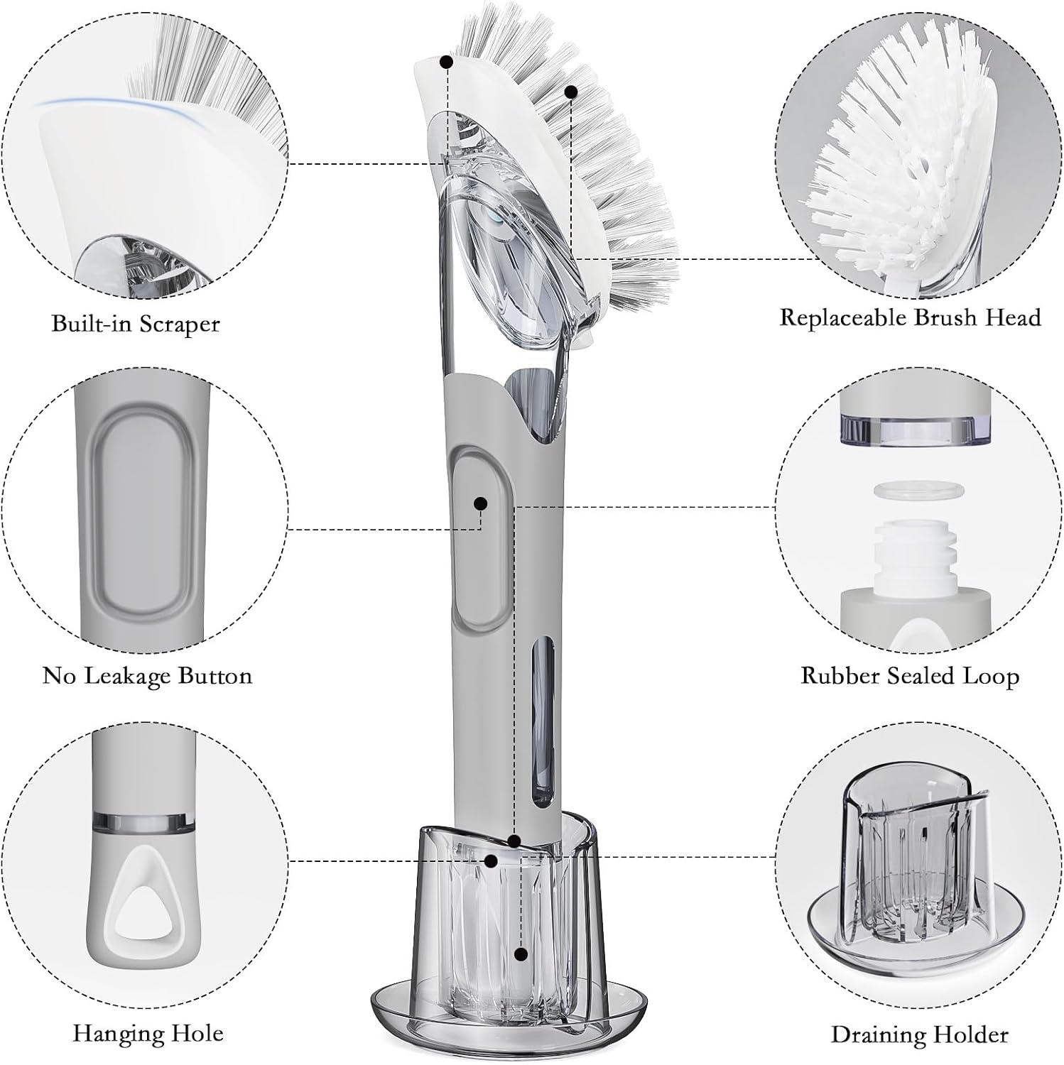 RIMAY Soap Dispensing Dish Brush Set with 2 Brush Refills and Holder