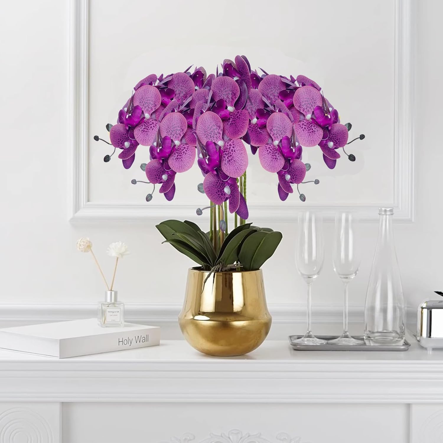 Artificial Phalaenopsis 6 Pcs Artificial Flowers Fake Orchid Flowers Stem Plants with 2 Pcs Leaves for Décor (Purple Spot)