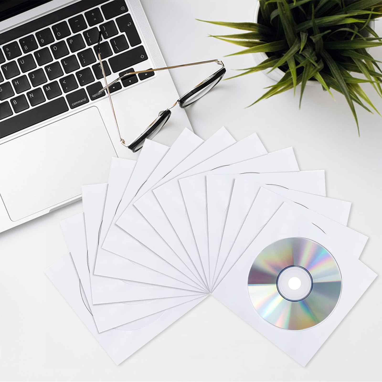 200 fundas para CD y DVD, fundas de papel blanco de alta calidad para CD y DVD con ventana transparente y solapa de cierre, papel de 120 gramos de peso, compatible con CD y DVD de tamaño estándar