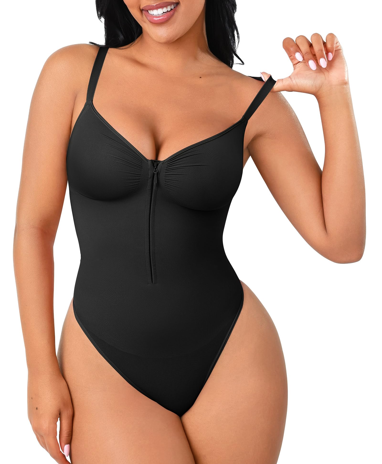 FeelinGirl Shapewear Bodysuit Tummy Control for Women Zip-Up Shapewear Thong Waist V Neck Body Shaper Going Out