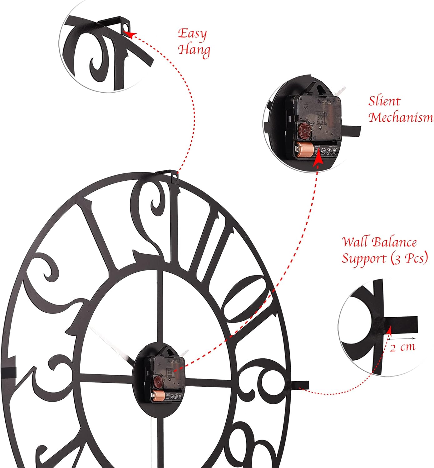 Large Metal Wall Clock | 20 inch Size Silent Battery Operated Large Size Analog Black Wall Clocks | Modern Wall Decor for Living Room Bedroom Kitchen Home Office