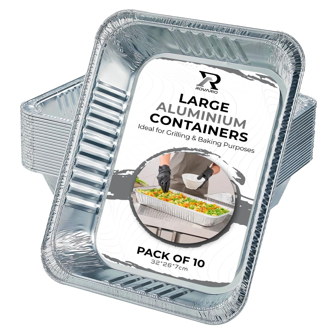 ROVARIO 10 Pack Large Aluminium Foil Trays Deep (3500ml) - Tin Foil Food Containers for Cooking, Baking, Roasting, and BBQ (32x26x7)