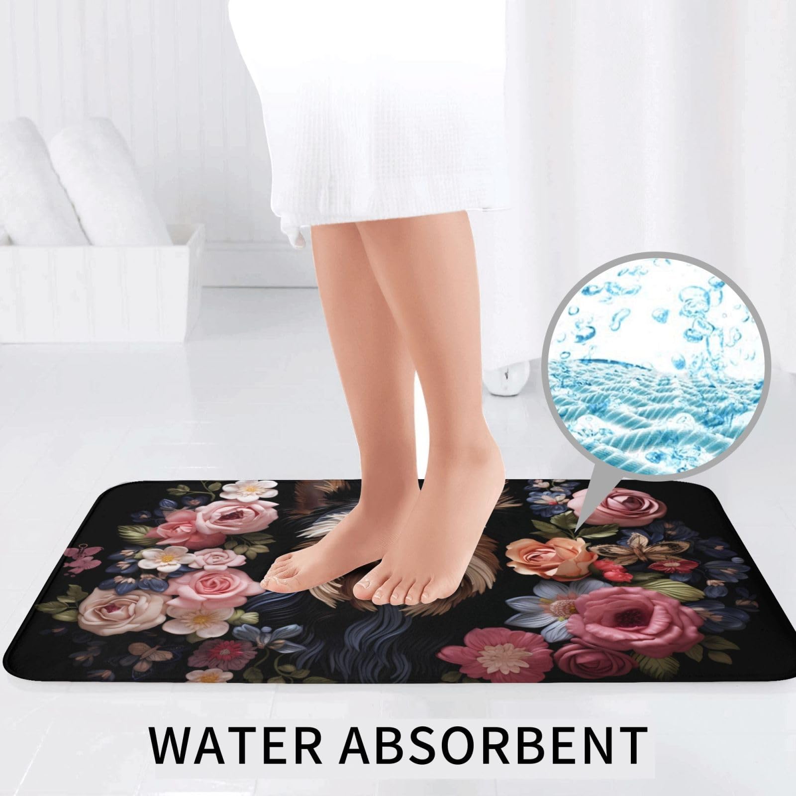 Set di 3 tappetini da bagno con motivo floreale Yorkie Dog Floreale in flanella morbida antiscivolo set con coperchio per la decorazione della casa