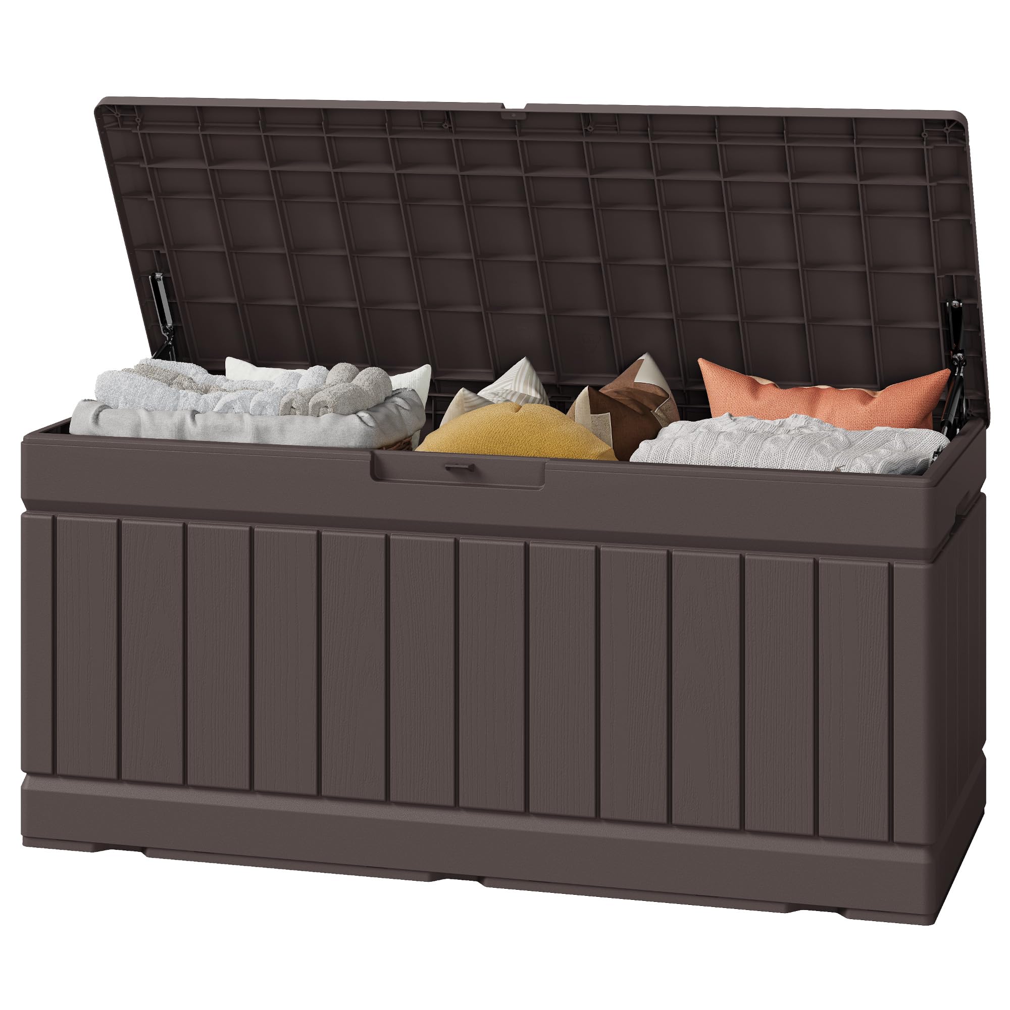 Greesum 82 Gallon Resin Deck Box Large Outdoor Storage for Patio Furniture, Garden Tools, Pool Supplies, Weatherproof and UV Resistant, Lockable, Dark Brown