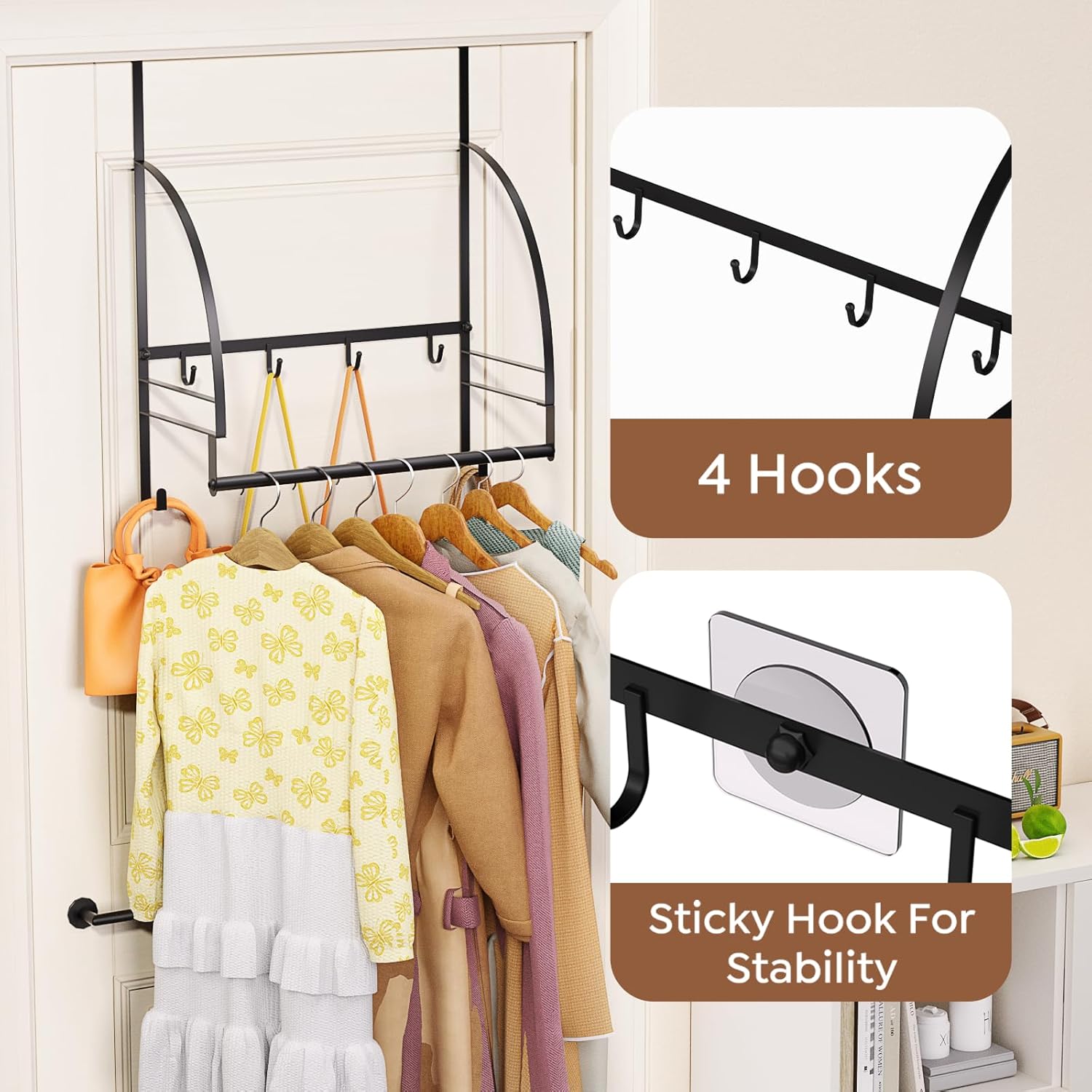 Over The Door Clothes Hanger Drying Rack, Over Door Drying Rack Hooks for Hanging Towels, Coats & Clothes, Door Hanger Organizer Storage for Bathroom Bedroom Laundry Dorms Washroom (Black)