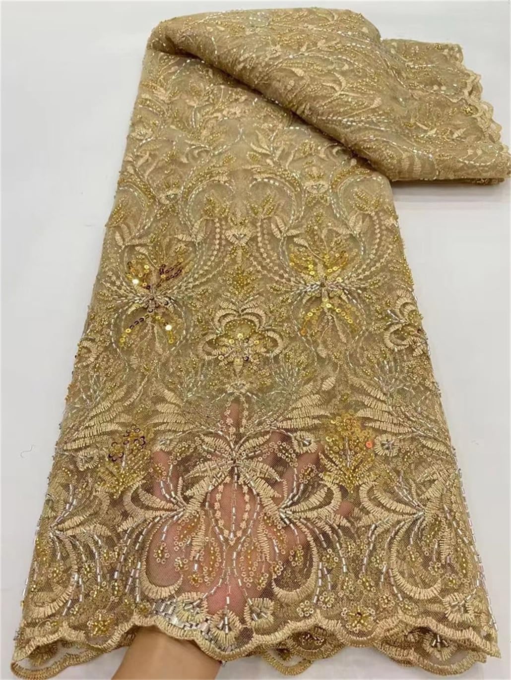 Tissu De Dentelle D'or Africain Avec Paillettes 5Yard Français Tulle Net Brodé Matériel De Maille Pour Robe De Soirée